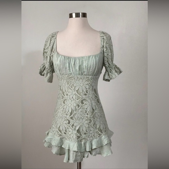 Angel Biba Dresses & Skirts - Angel Biba Sage Lace Corset Milkmaid Mini Dress Puff Sleeve Coquette Cottagecore